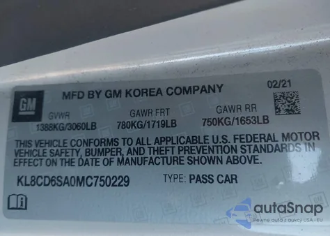 2021 Chevrolet Spark Fwd 1Lt Automatic z USA, uszkodzony, nr VIN KL8CD6SA0MC750229